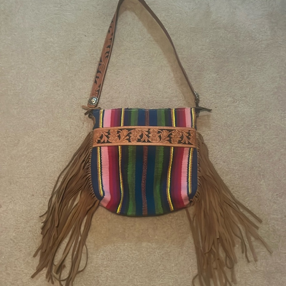 Aztec/Leather Bag with fringe